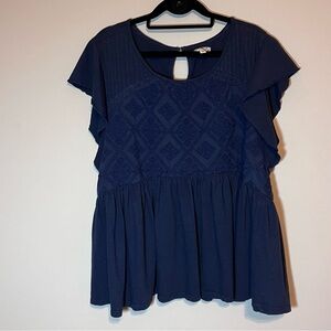 Flutter Sleeve Tee Top Navy Blue Women’s 2XL peplum with monochrome texture